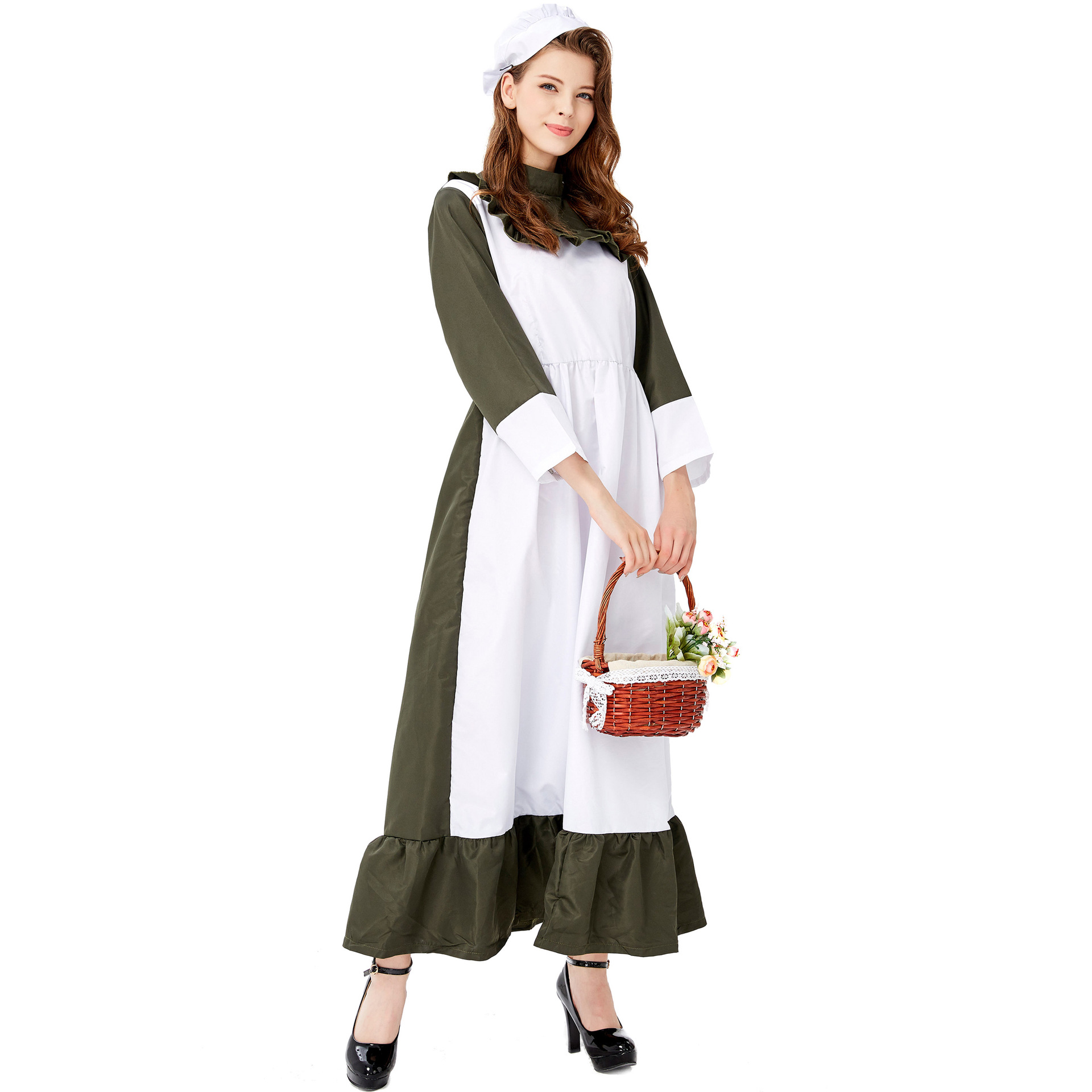欧美农庄女佣 墨绿色厨娘服装 女仆厨师装扮 农场庄园舞台演出服