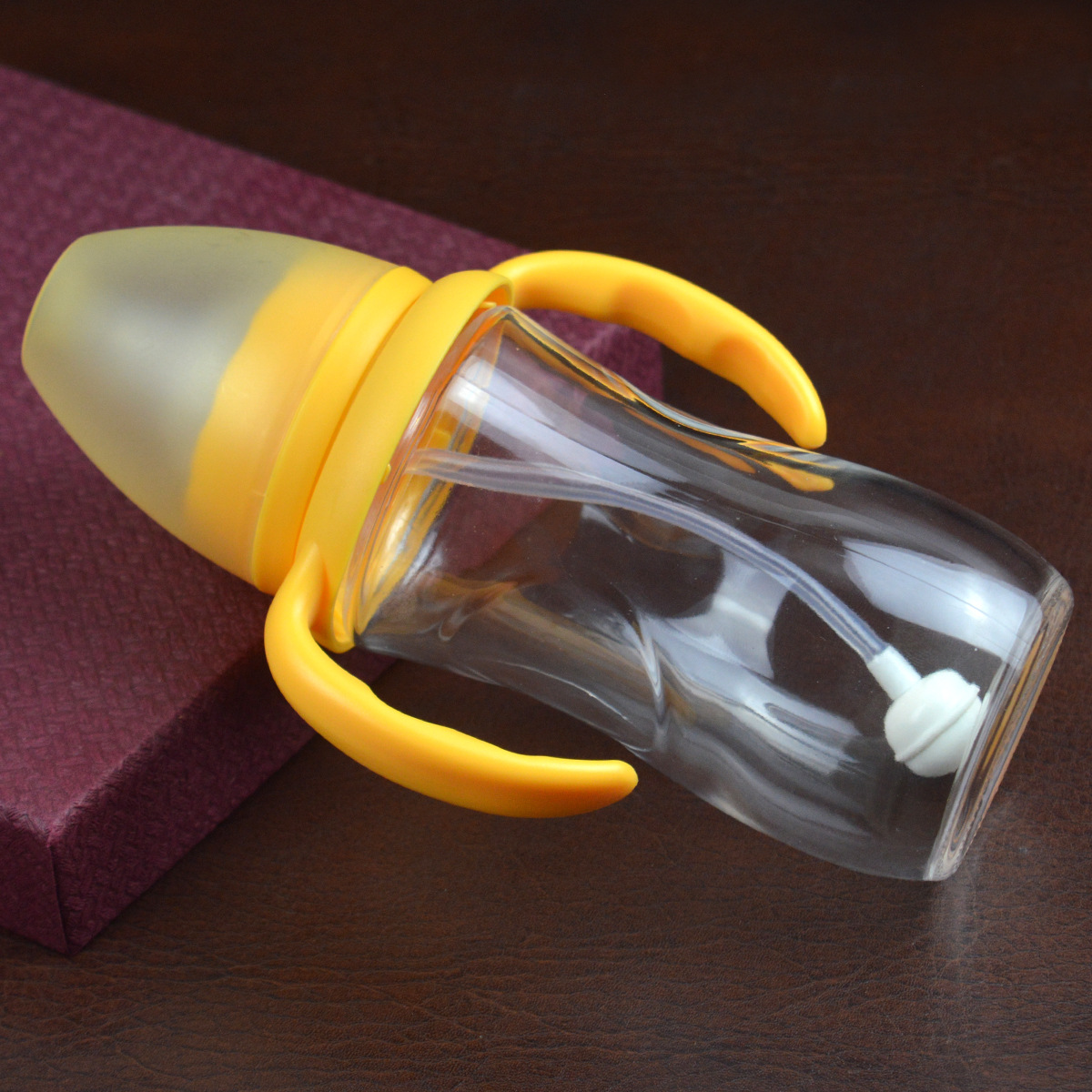 240ml圆形玻璃奶瓶 药品级中硼硅玻璃 防胀气带吸管黄色把手奶瓶