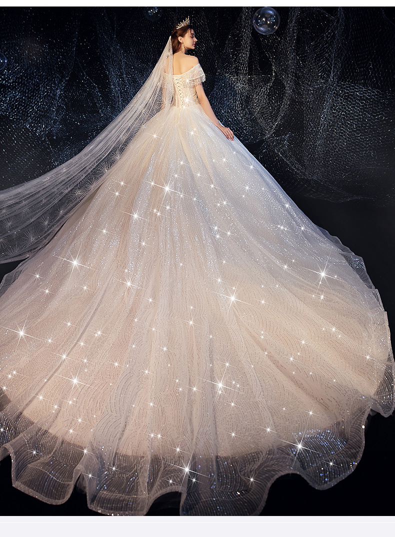 星空婚纱2020新款简约新娘梦幻奢华大拖尾显瘦一字肩超仙森系公主