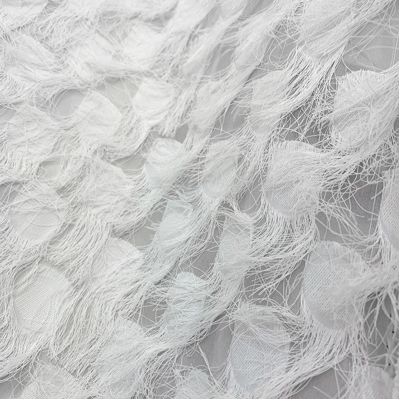 孔雀羽毛提花剪花面料流苏夏天裙装雪纺雨滴形状新娘礼服布料梭织