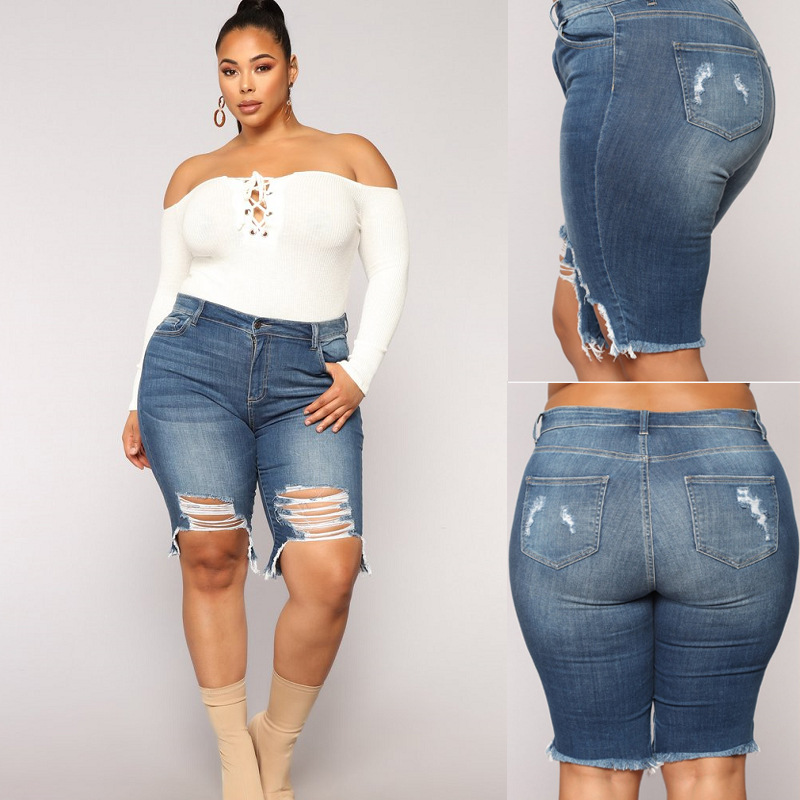 2019亚马逊特大码热销款女裤欧美网红破洞牛仔中裤外贸肥仔大码裤