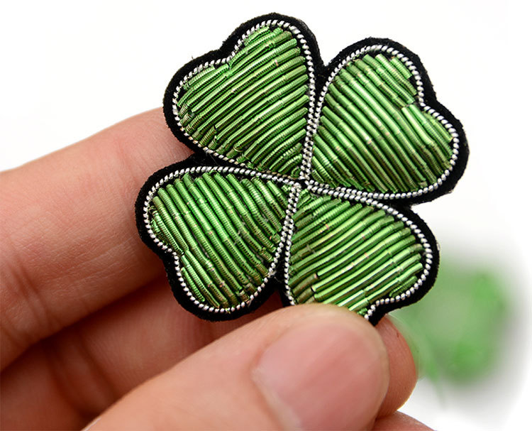 纯手工刺绣印度丝饰品别针绿色植物四叶草徽章印度丝胸针