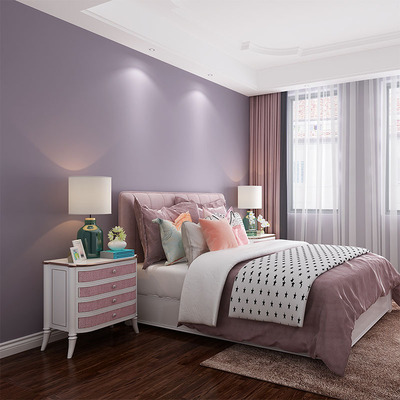 现代简约北欧风格无纺布墙纸紫粉色女孩卧室素色纯色壁纸防水抗污