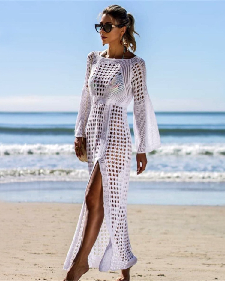 欧美海边度假比基尼针织喇叭袖沙滩裙镂空开叉长裙泳衣罩衫1949