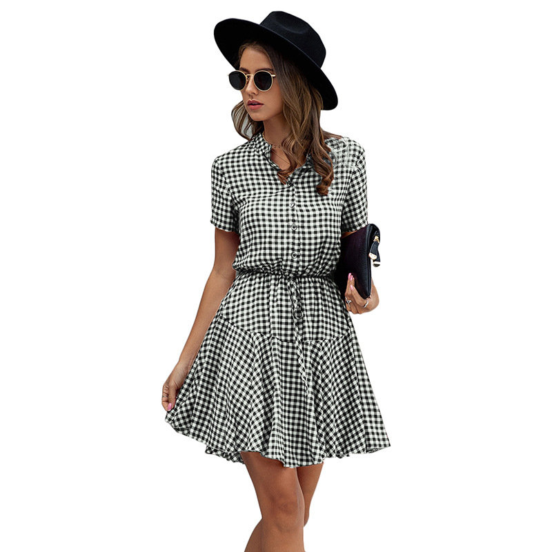 2020春夏女装时尚格纹扣子收腰短袖连衣裙印花纽扣衬衫裙310222