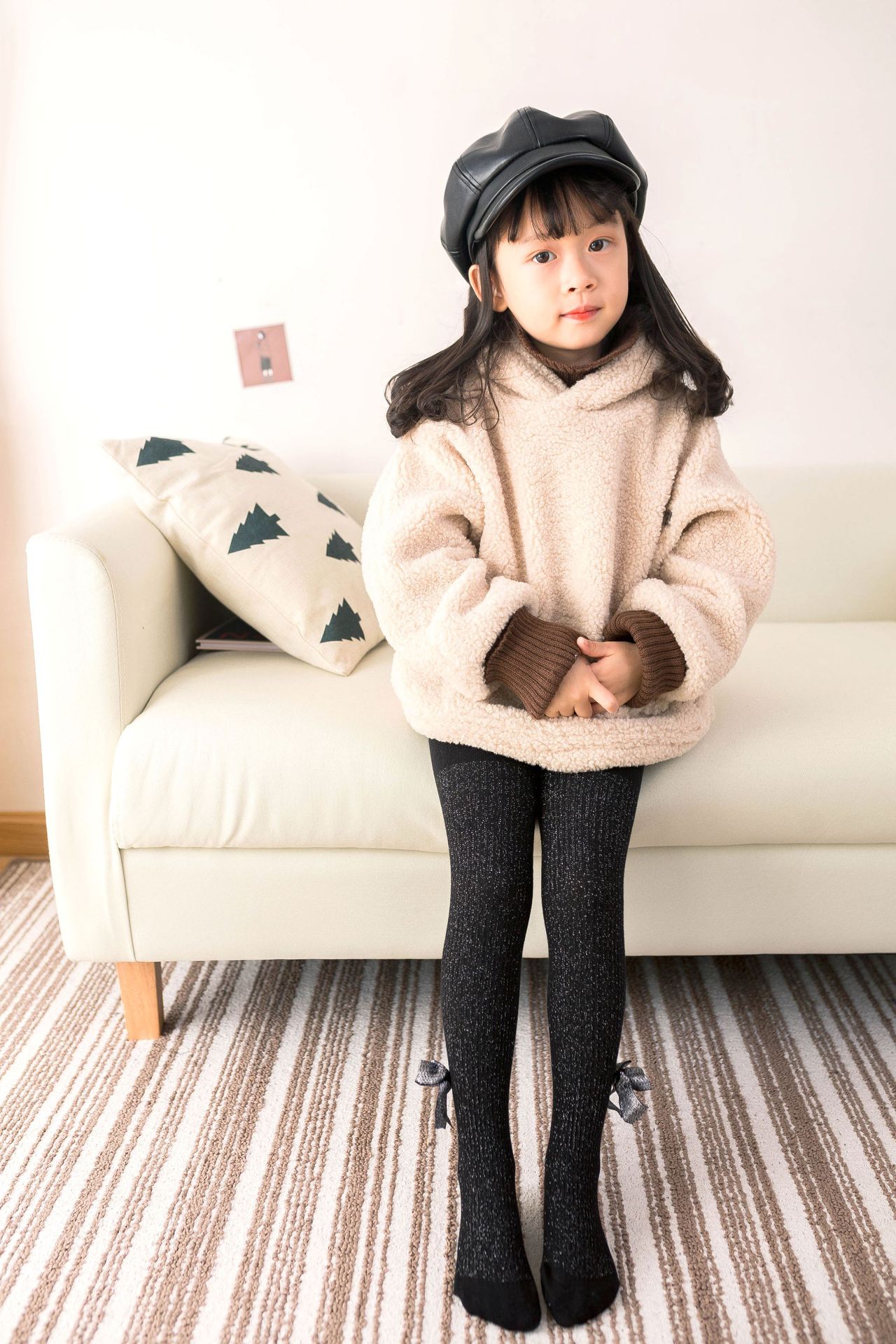 女童连裤袜春秋薄款亮晶晶蝴蝶结条纹宝宝袜子防勾丝儿童打底裤