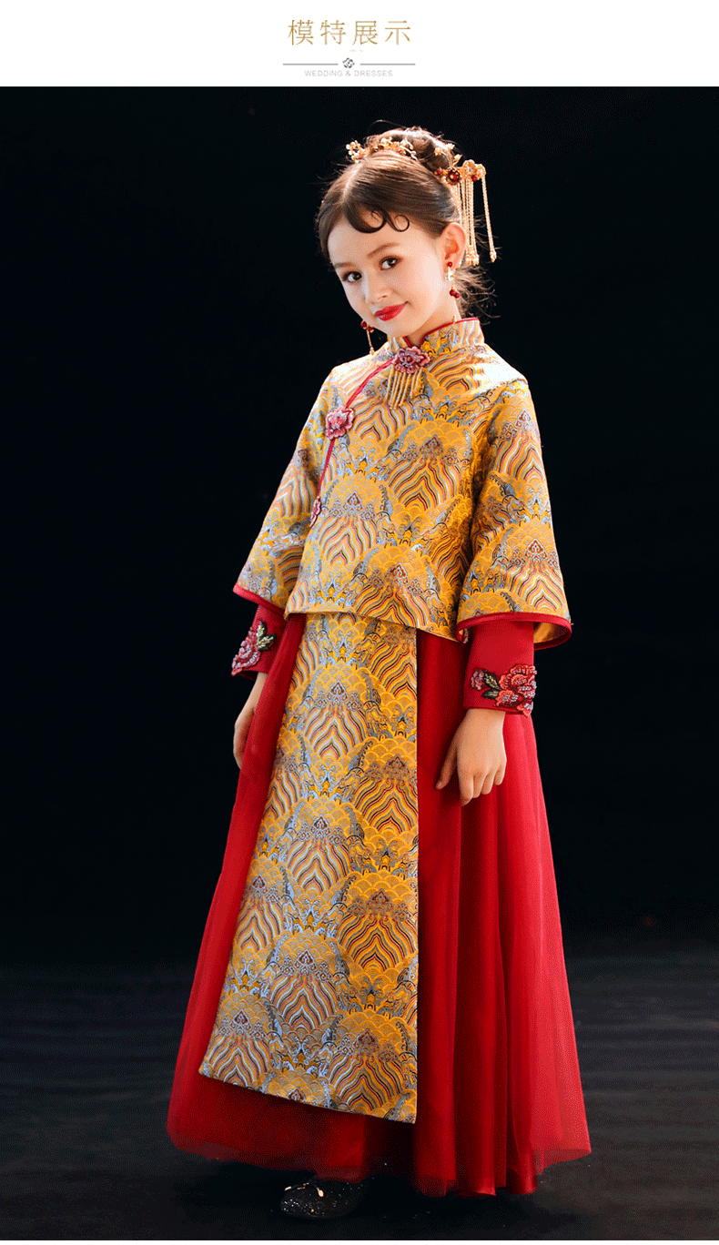 2020新款儿童礼服女童古装加厚中式秀禾服花童两件套古筝演出旗袍