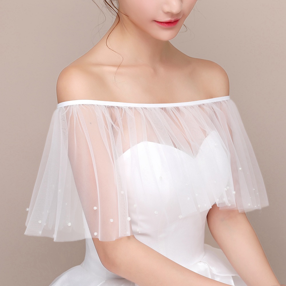 夏季新款韩版薄款一字肩平肩新娘网纱披肩系带珍珠结婚婚纱遮手臂