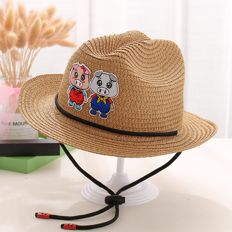 金牛夏季新款儿童草帽潮男童宝宝遮阳牛仔帽卡通小猪韩版防晒帽子