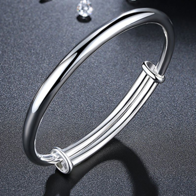 银薇妮银手镯女s999纯银光面实心足银镯子简约学生成人时尚推拉款