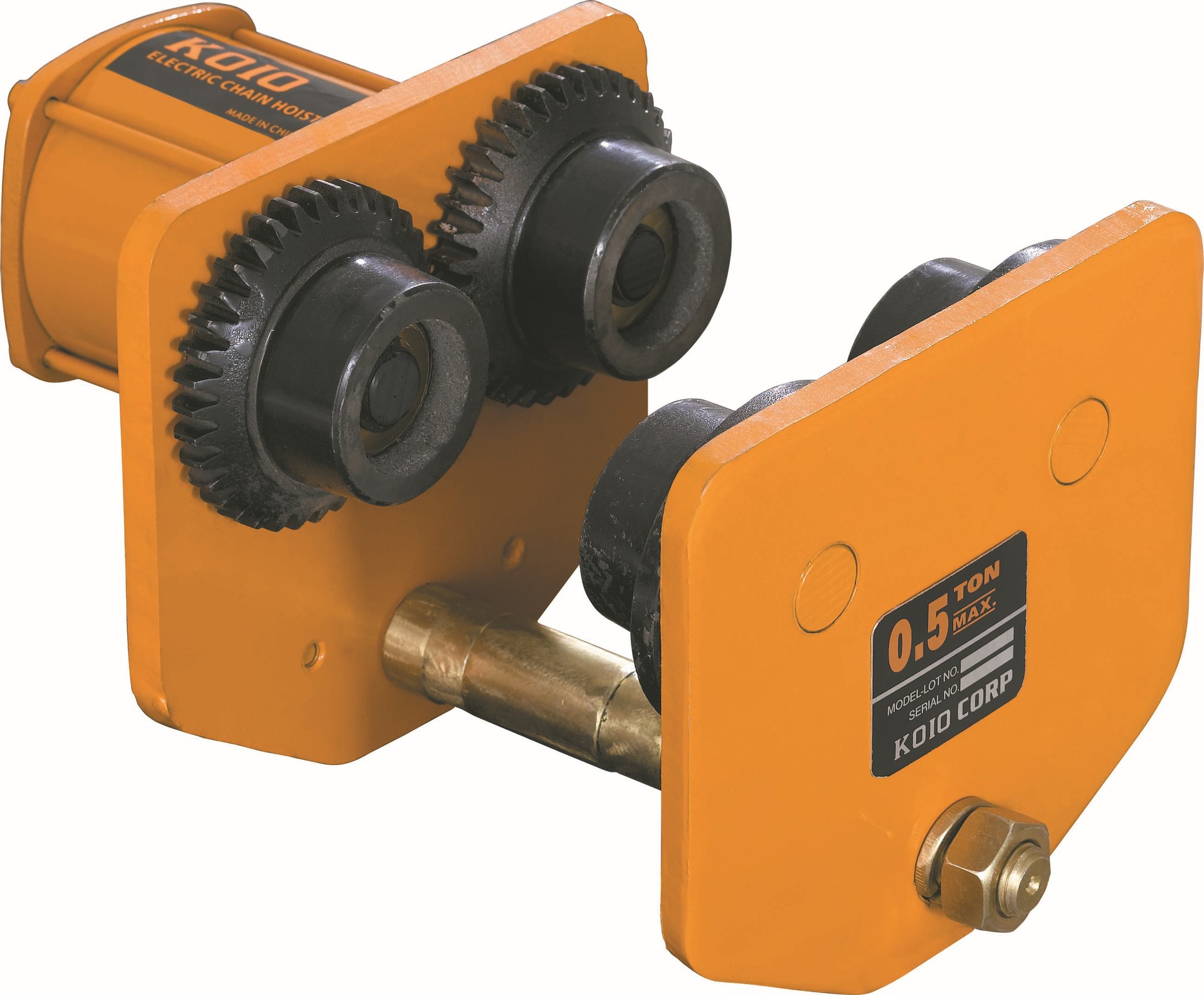 拽动手动链条,手链轮转动,将摩擦片棘轮,制动器座压成一体共同旋转,齿