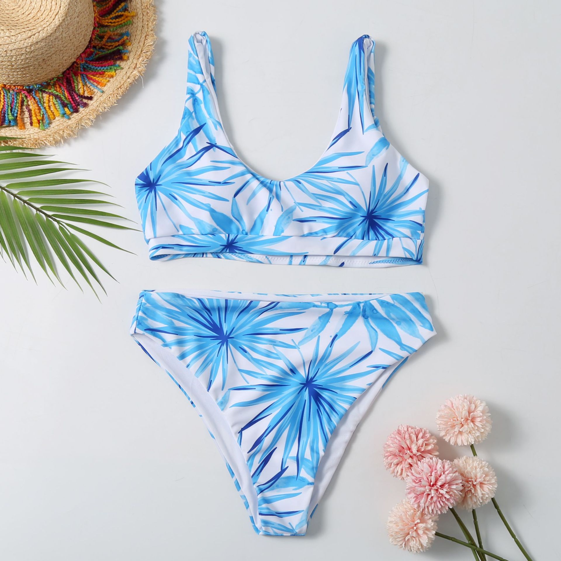 2020新款跨境泳装运动马甲线分体印花泳衣女欧美性感比基尼bikini-阿