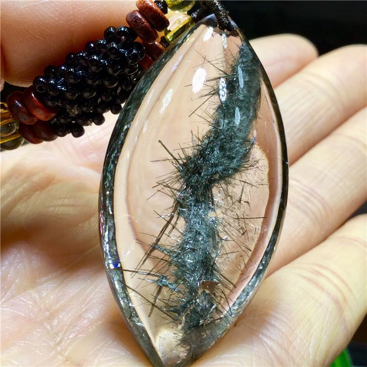 东海水晶 天然全包裹黑幽灵黑发晶发晶花马眼吊坠