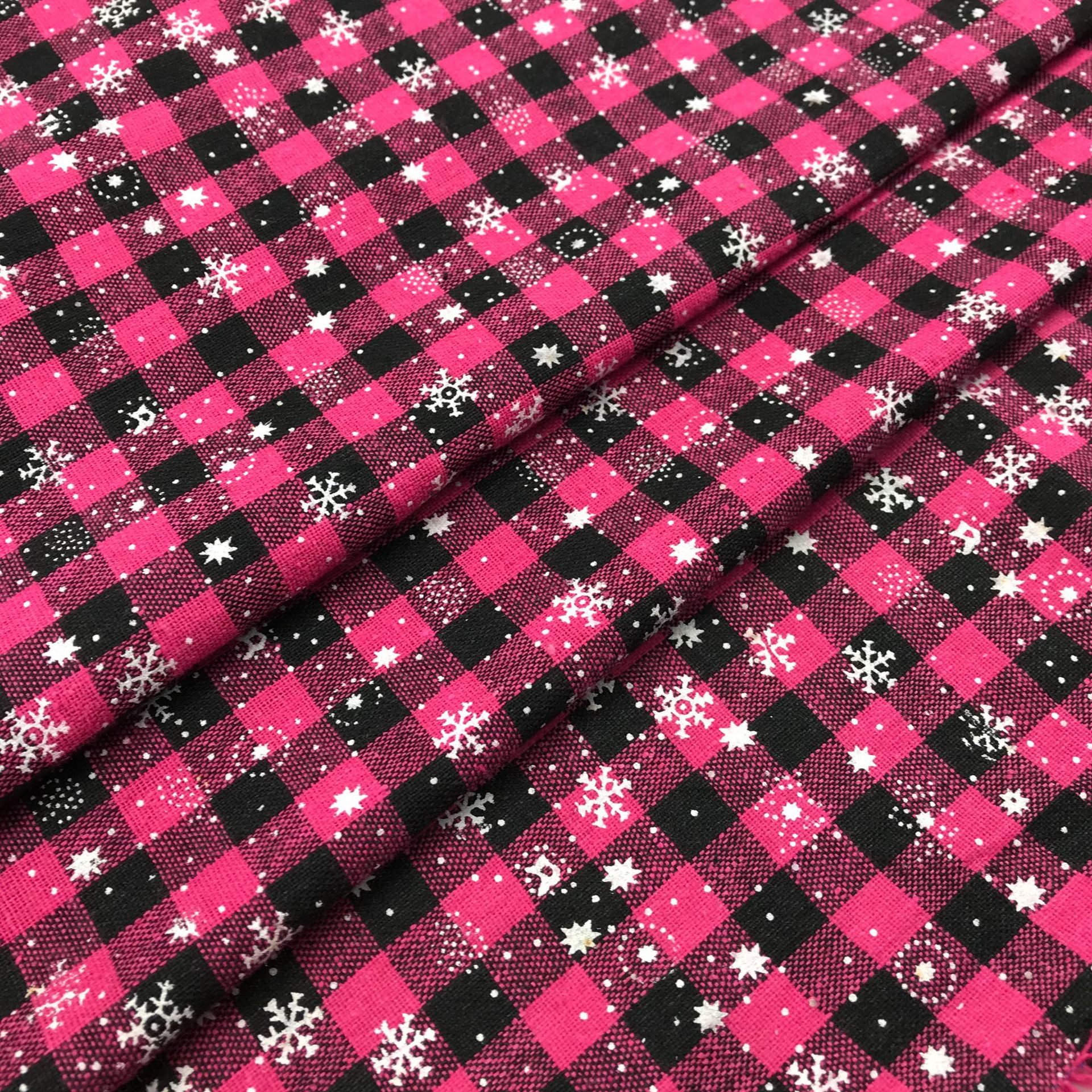 圣诞节系列 厂家直销色织棉格舞台服表演服粉色格子布棉胶印雪花