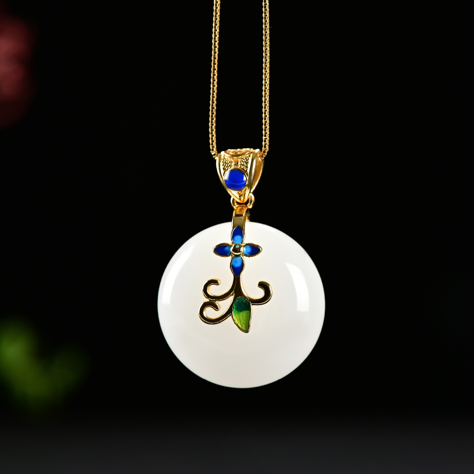 新疆和田白玉平安扣镶嵌玉吊坠 金丝玉女款项链玉坠毛衣链