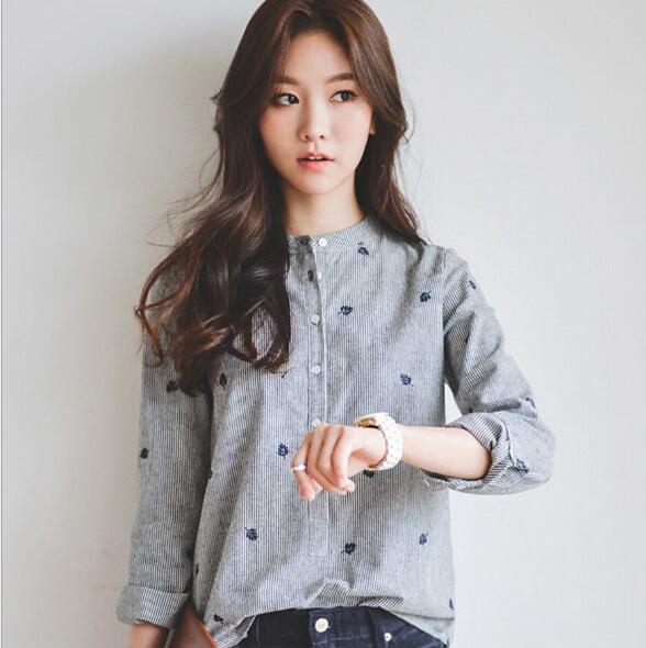韩版小清新条纹立领衬衣树叶刺绣显瘦长袖大码打底衬衫女