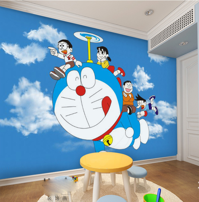 卡通儿童房壁画墙纸男女孩卧室房间背景墙叮当猫主题背景墙壁纸