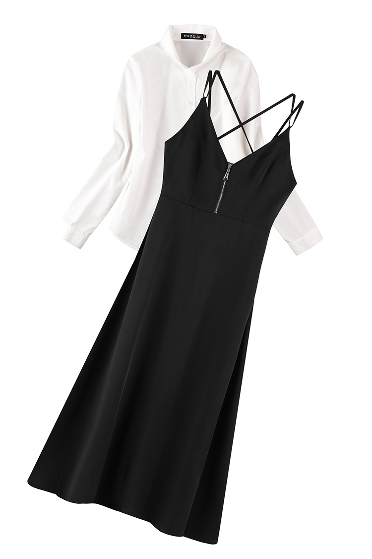 你和我的倾城时光春季明星同款白色衬衫黑色吊带连衣裙长裙女