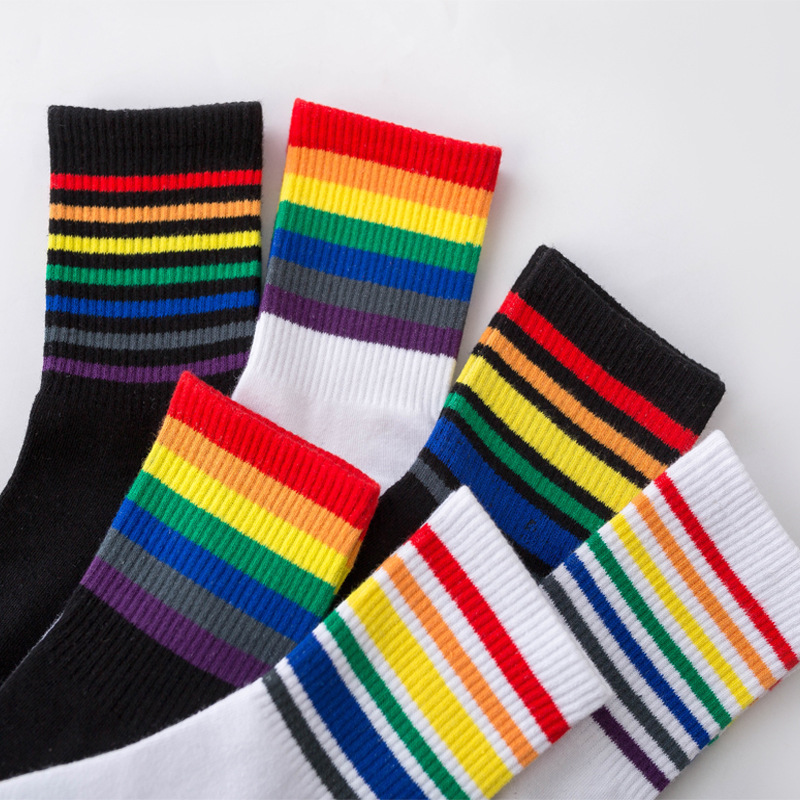 Spring and Autumn Net Red Socks Women's Rainbow Long Socks Striped Sweet Ins College Style Girls' Trendy Mid-Calf Length Socks Socks