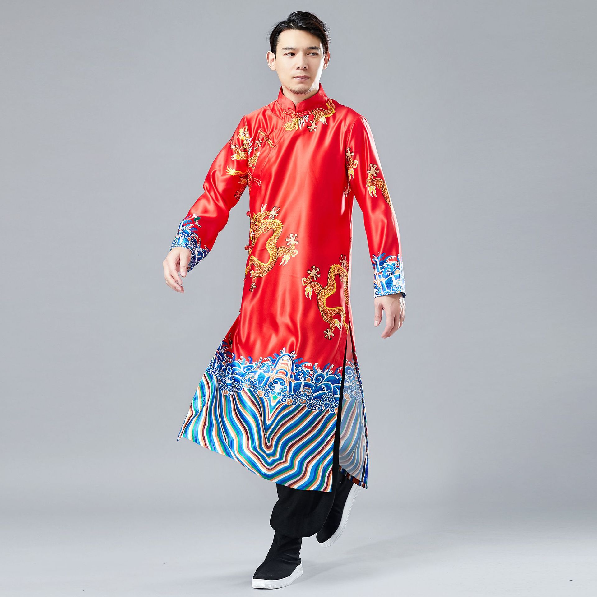 2019春季新款 小龙盘扣长衫 复古中国风长衫男盘扣开衫民族服装