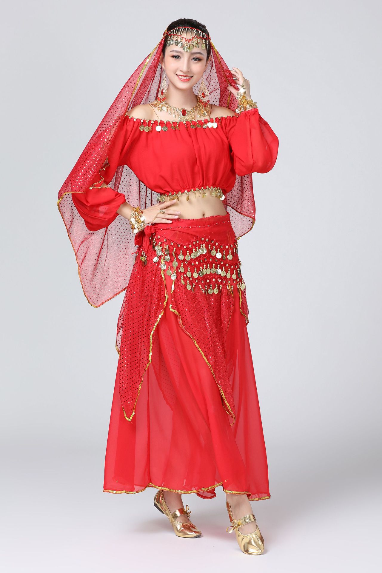 新款民族舞台演出服长袖裙子套装印度舞蹈服成人女肚皮舞表演服装