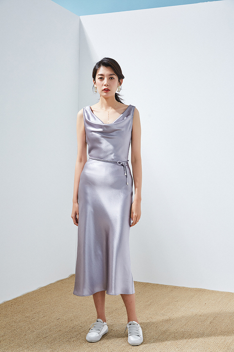 春款女装 2020荡领醋酸缎面长裙修身晚礼服吊带连衣裙女8763