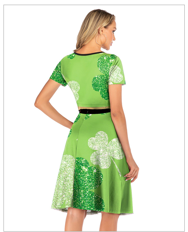 爱尔兰绿帽子节跨境热销3d数码印花收腰短袖连衣裙中长裙厂家直销