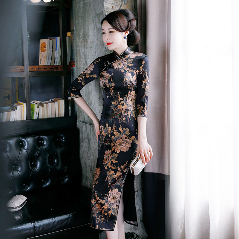 22新款七分袖真丝旗袍 日常改良重磅真丝旗袍高档连衣裙厂家批发