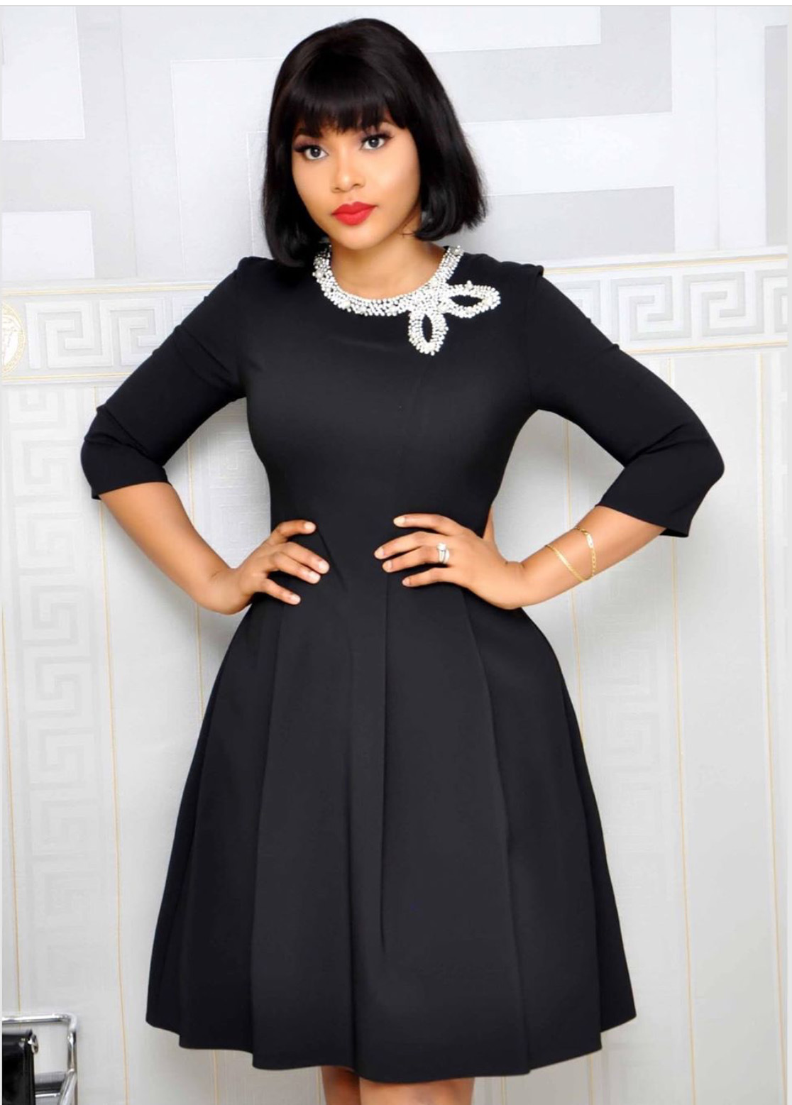 亚马逊好品质美少女爱心钉珠装饰通勤连衣裙