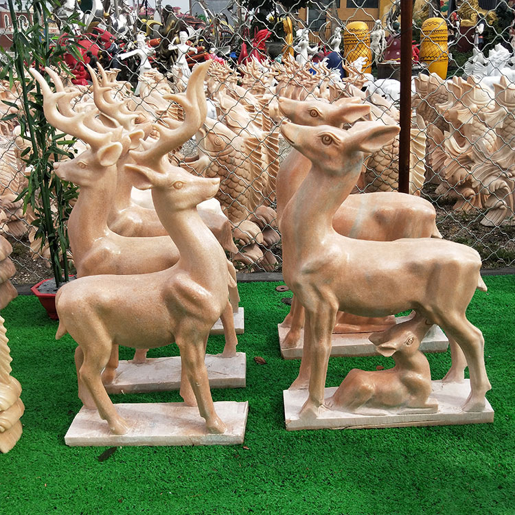 石雕鹿公园草坪装饰园林雕塑户外广场动物雕塑晚霞红石雕母子鹿