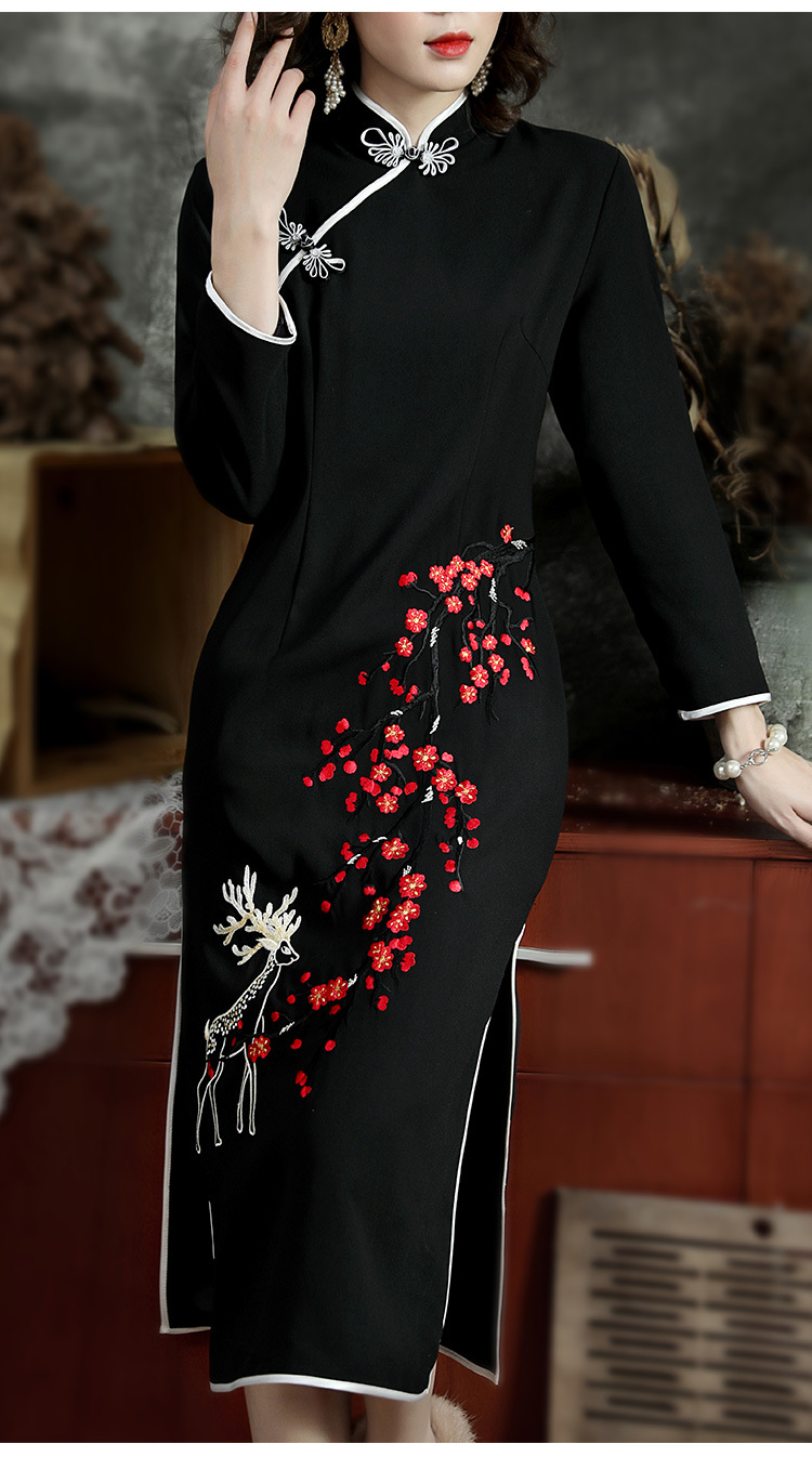 文艺国风秋冬新款复古梅花刺绣高开叉修身走秀旗袍(货号 kd1013)