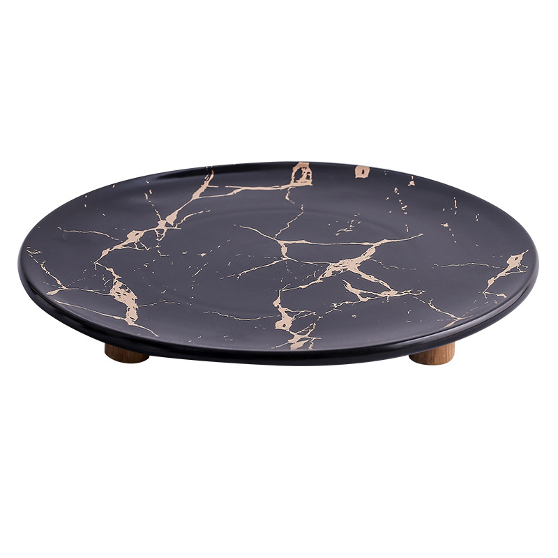 Marbling Gold Frosted Household Ceramic Plate Breakfast Plate Dessert Layer of Wooden Blocks Plate Western Cuisine Plate Ceramic Tableware