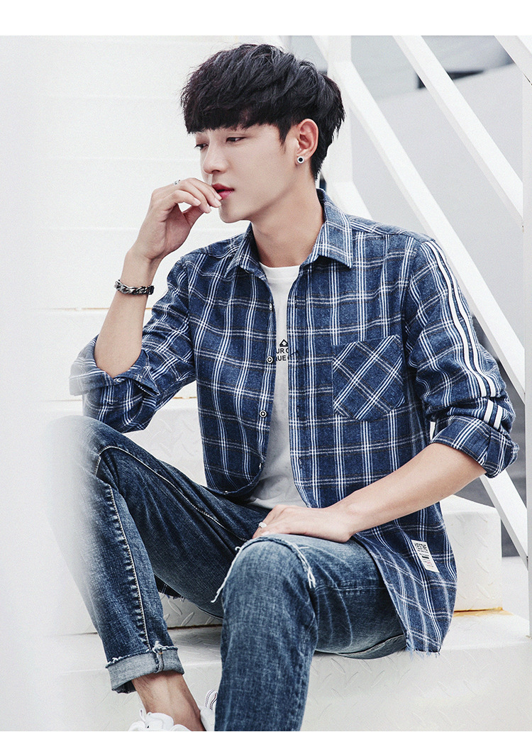 新款韩版修身男装衬衣格子休闲衬衫长袖潮流百搭学生衬衫批发男装