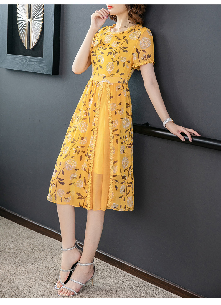 gzm-yyjr5629黄色短袖雪纺连衣裙女夏季装中长款2019时尚流行新款收腰