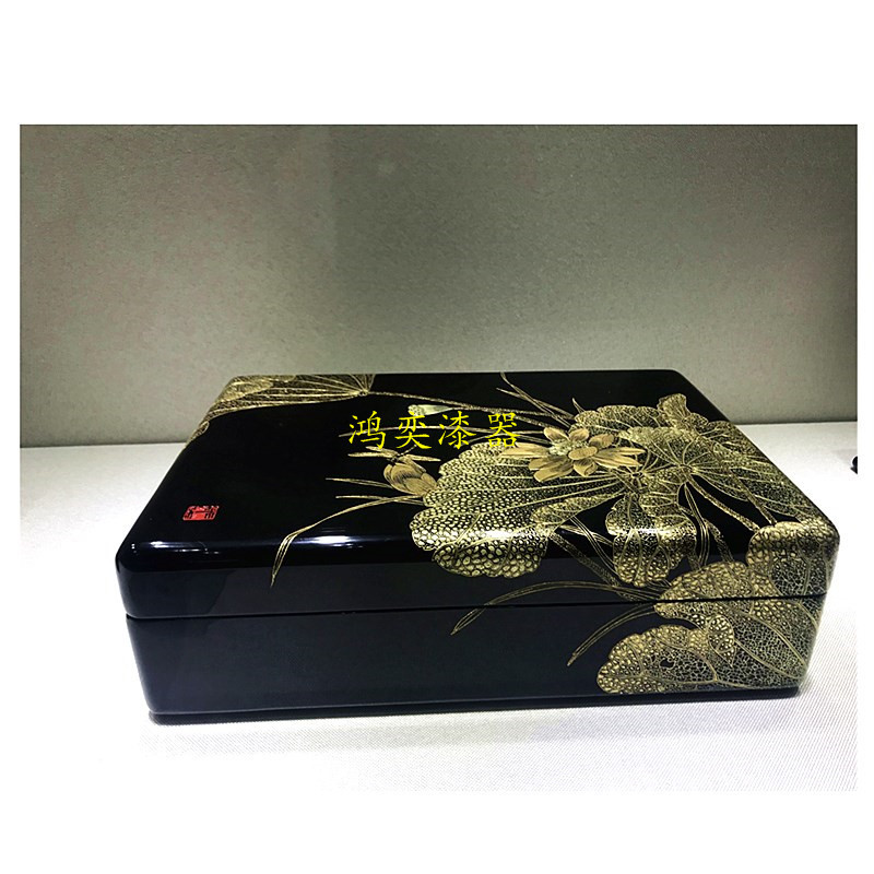 大漆漆器莳绘工艺复古首饰盒木质贴金描金彩绘堆漆推光漆艺礼品盒