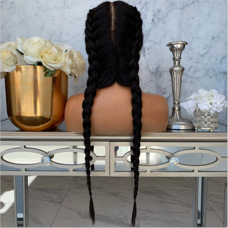 外贸欧美新款双辫假发 女士时尚黑色双马尾麻花辫前蕾丝化纤头套