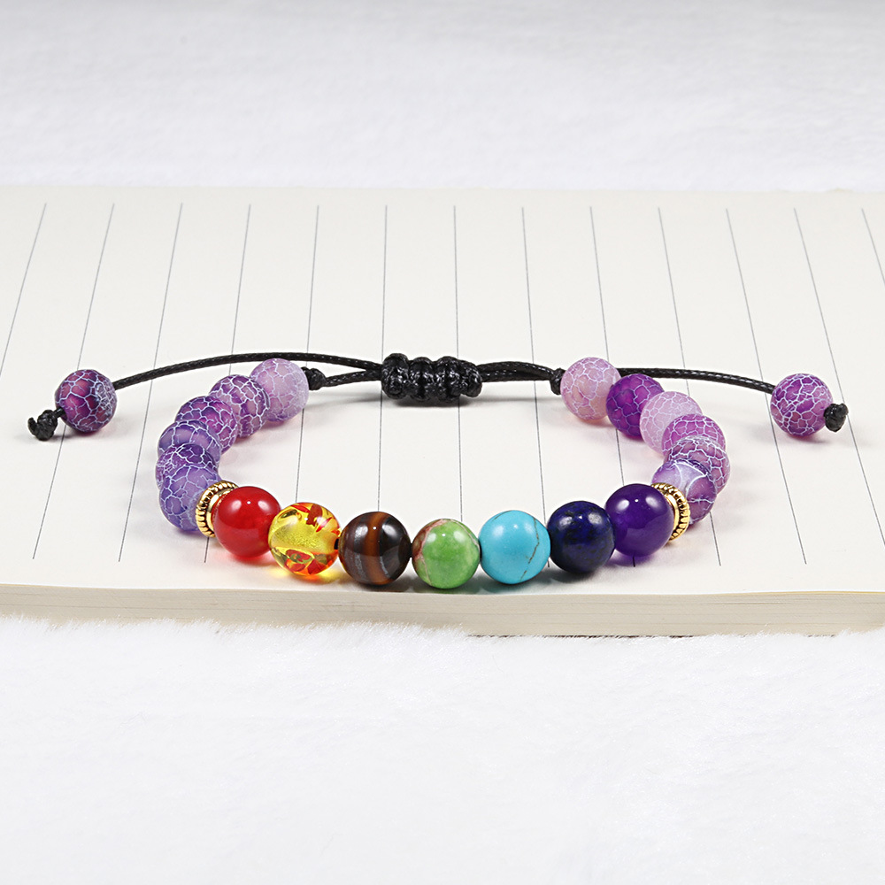 欧美七宝手链纯手工制作 创意七脉轮串珠珍珠手绳 紫风化编织链子