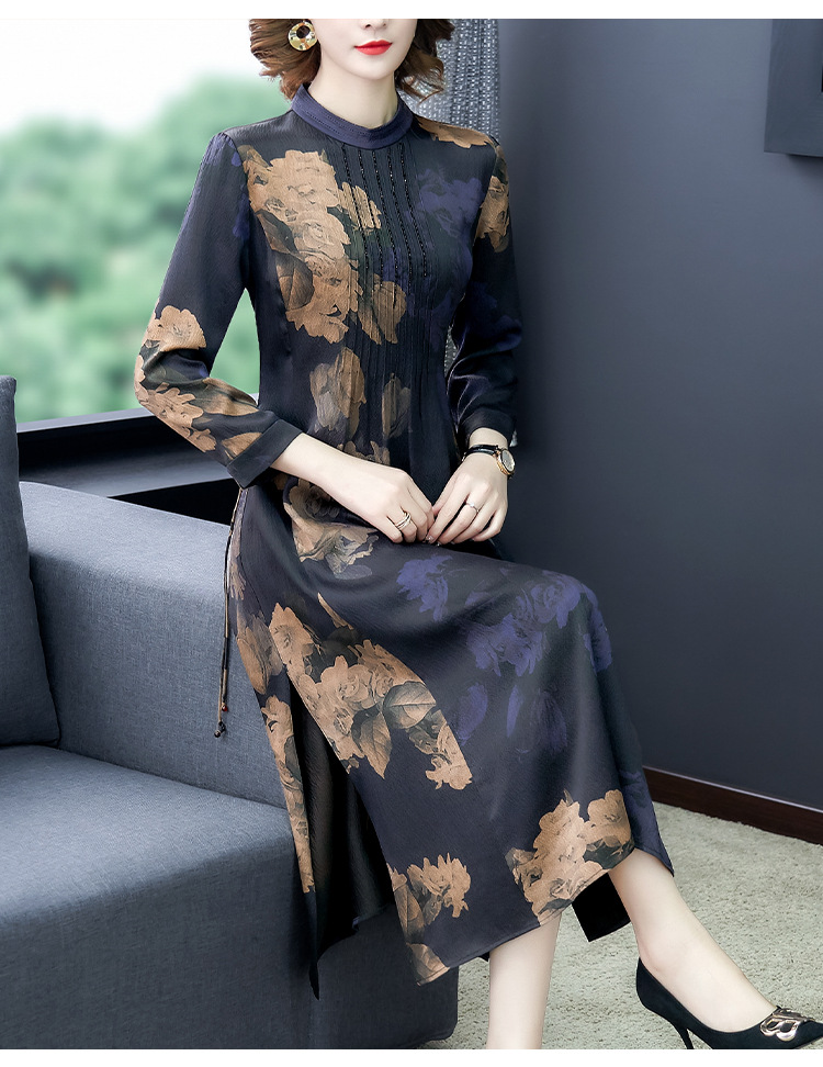 真丝连衣裙中长款香云纱改良旗袍长袖2020新款大码妈妈