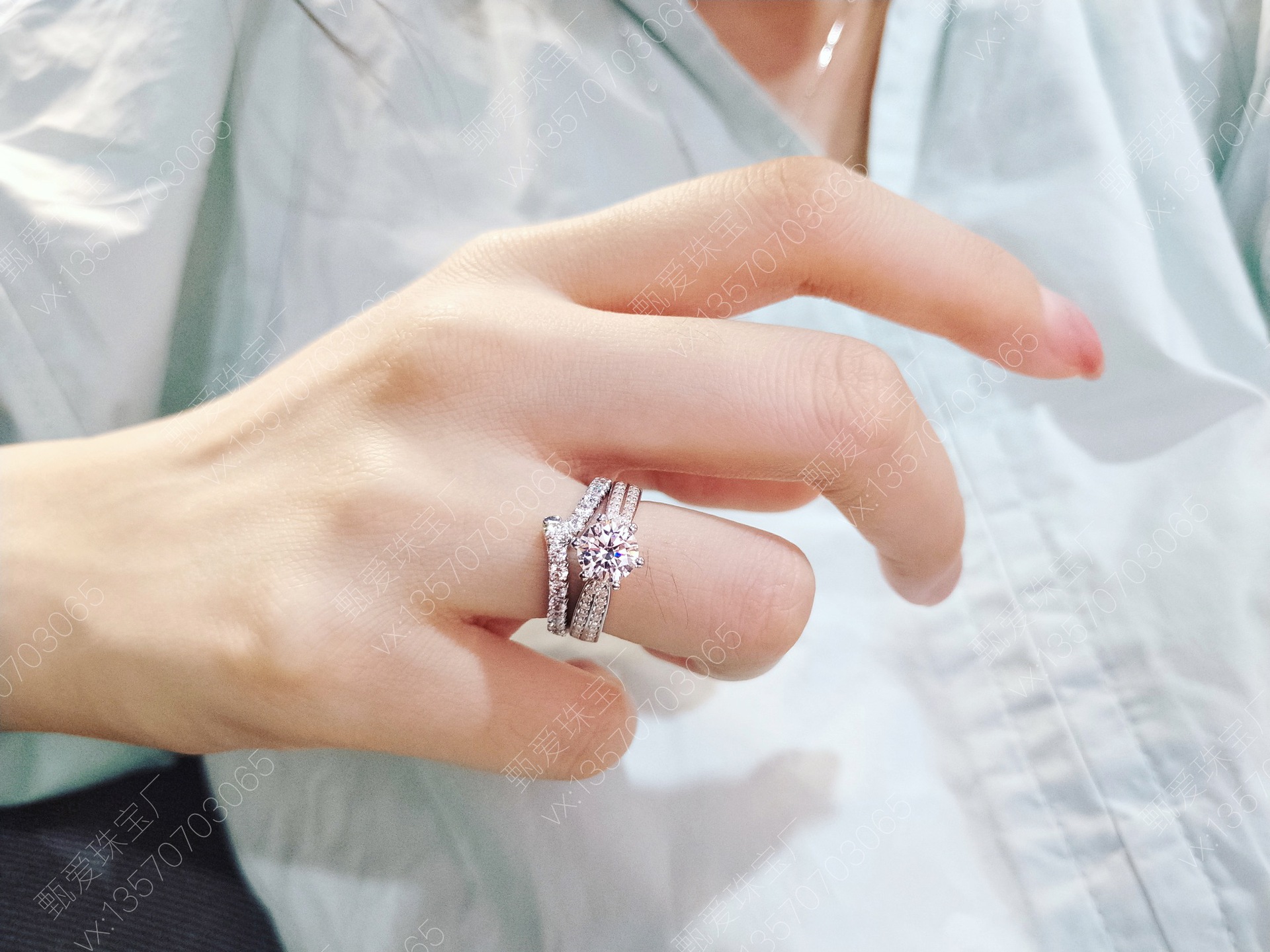 精工高碳钻20分排钻副戒925银镀厚金仿真钻戒指v型叠戴婚戒配戒