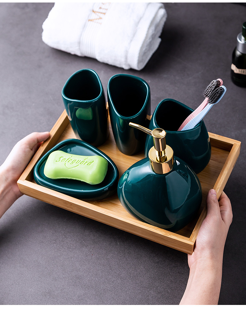 批发供应酒店用品简约陶瓷卫浴5件套北欧家用洗漱浴室套装带喷头