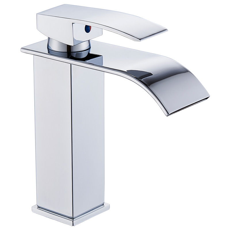 Cross-Border Basin Waterfall Faucet Wide Mouth Stainless Steel Mirror Treatment Square Elbow Hot and Cold Water Table Basin Faucet