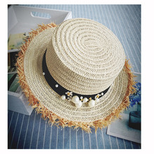 钉珠绑带平顶遮阳帽子女士夏天度假韩版珍珠夏季草帽