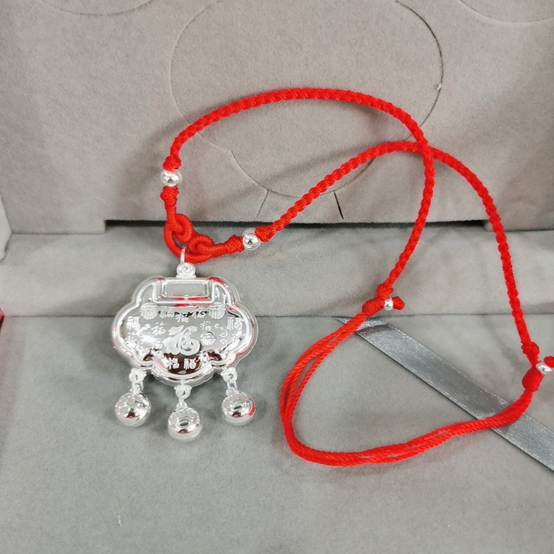 990纯银百福长命锁转运珠手工红绳编织项链周岁宝宝儿童节礼品