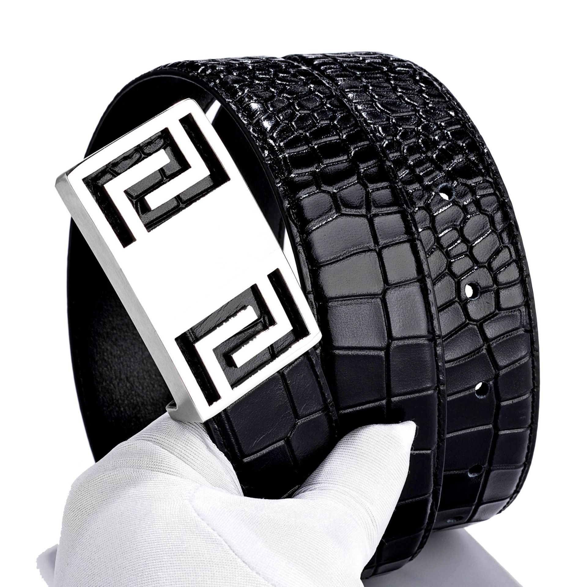 男士钢扣头真皮腰带 高端品质 原版鳄鱼纹进口头层牛皮平滑扣皮带