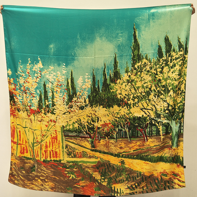 19 Summer New Silk Scarf Women's 130cm Twill Silk Artificial Silk Sunscreen Shawl European and American Oil Painting Jungle Square Scarf