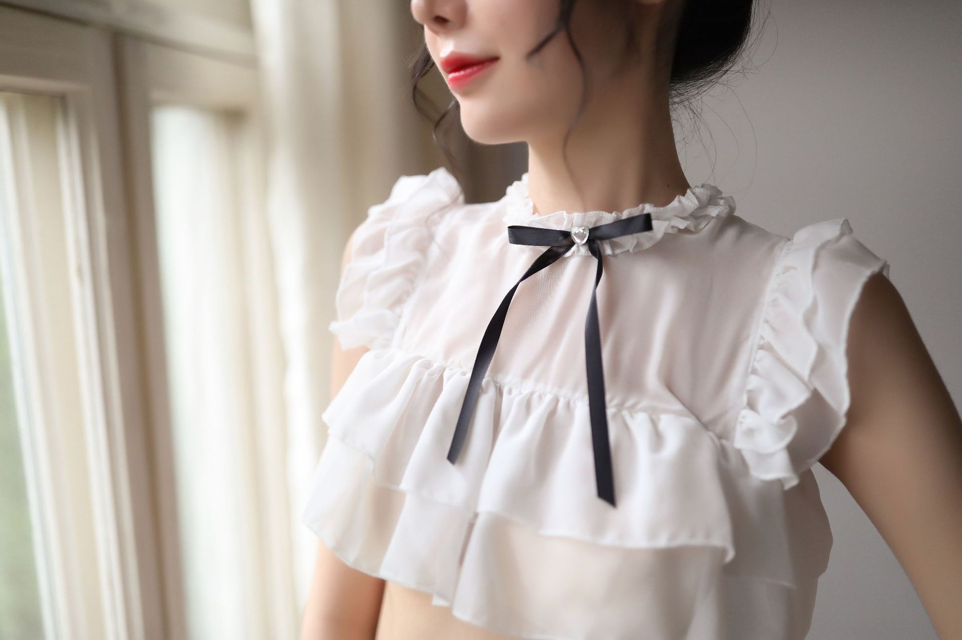 夫妻调情唯美情趣内衣透视网纱家居睡衣诱惑一字露肩三点套装批发