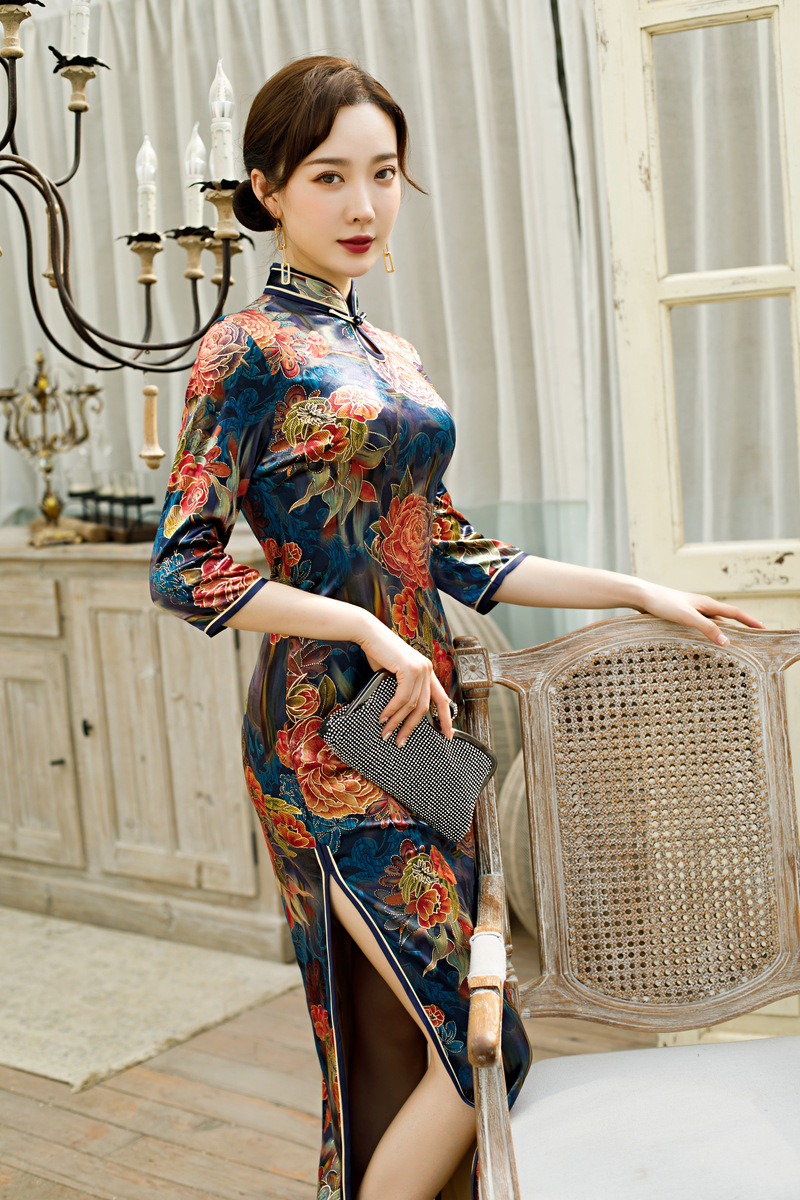 老上海秋季烫金花金丝绒旗袍女长款优雅暖2019新款正宗传统旗袍裙