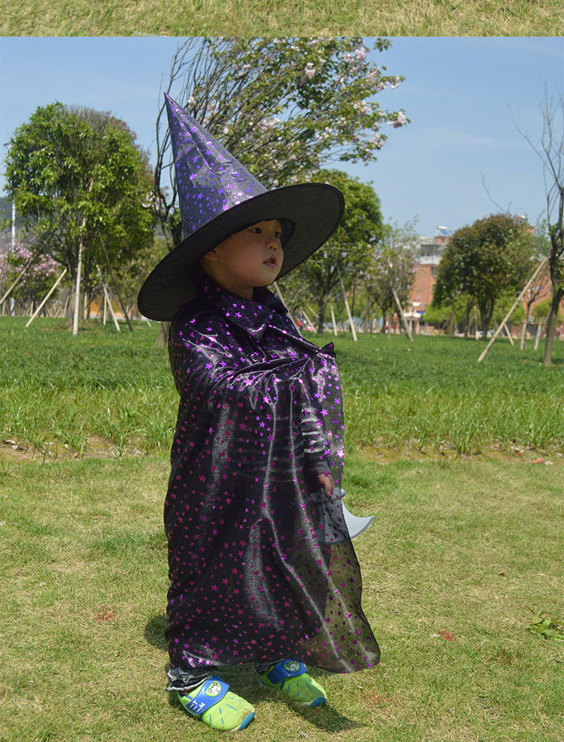 万圣节儿童魔法师披风cospaly男女童巫婆演出星月图案紫色披风