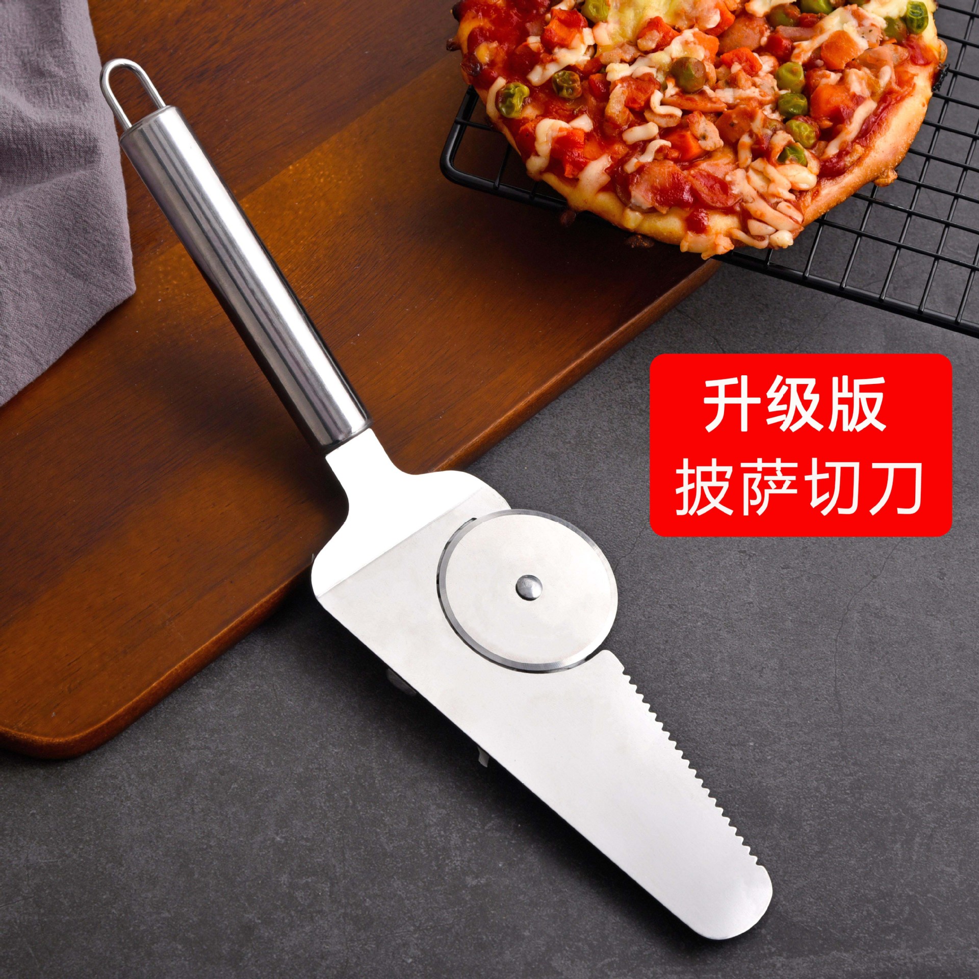 新款多功能不锈钢披萨切刀 二合一单轮铲刀 创意烘焙工具披萨刀