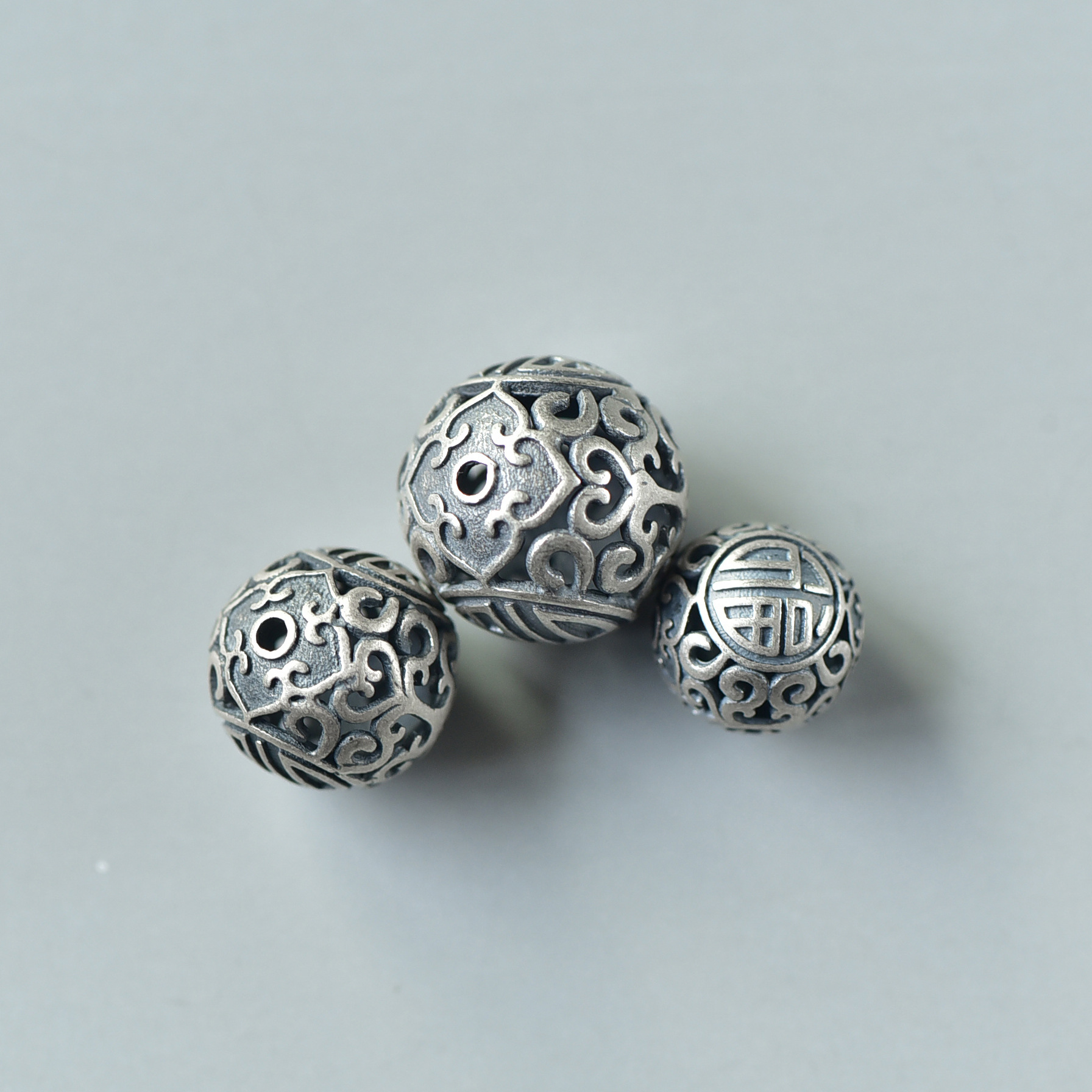 s925银精工磨砂复古隔珠球 大球镂空球 手工diy 手串配件